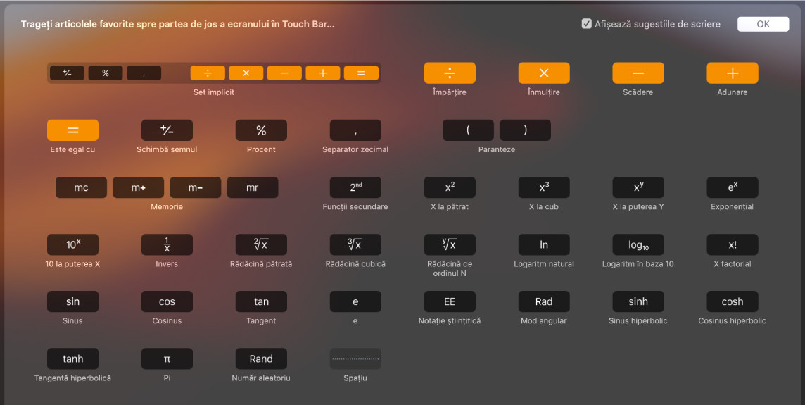 Articolele pe care le puteți personaliza în Touch Bar pentru Calculator, prin tragerea lor în Touch Bar.