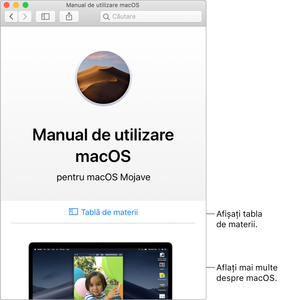 Pagina de bun venit la Manualul de utilizare macOS afișând linkul Tablă de materii.