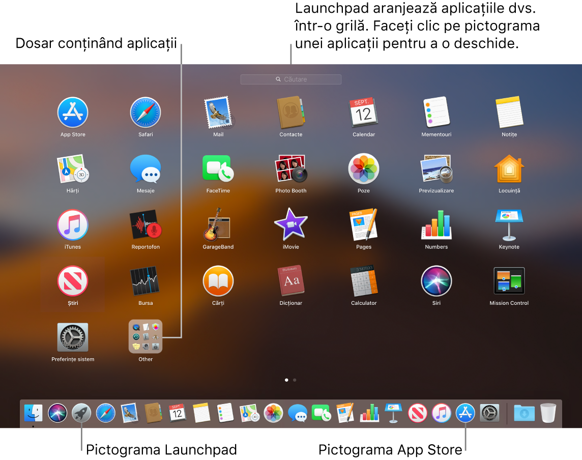 Mac-ul cu ecranul Launchpad deschis, afișând un dosar de aplicații din Launchpad, pictograma Launchpad și pictograma Mac App Store din Dock.