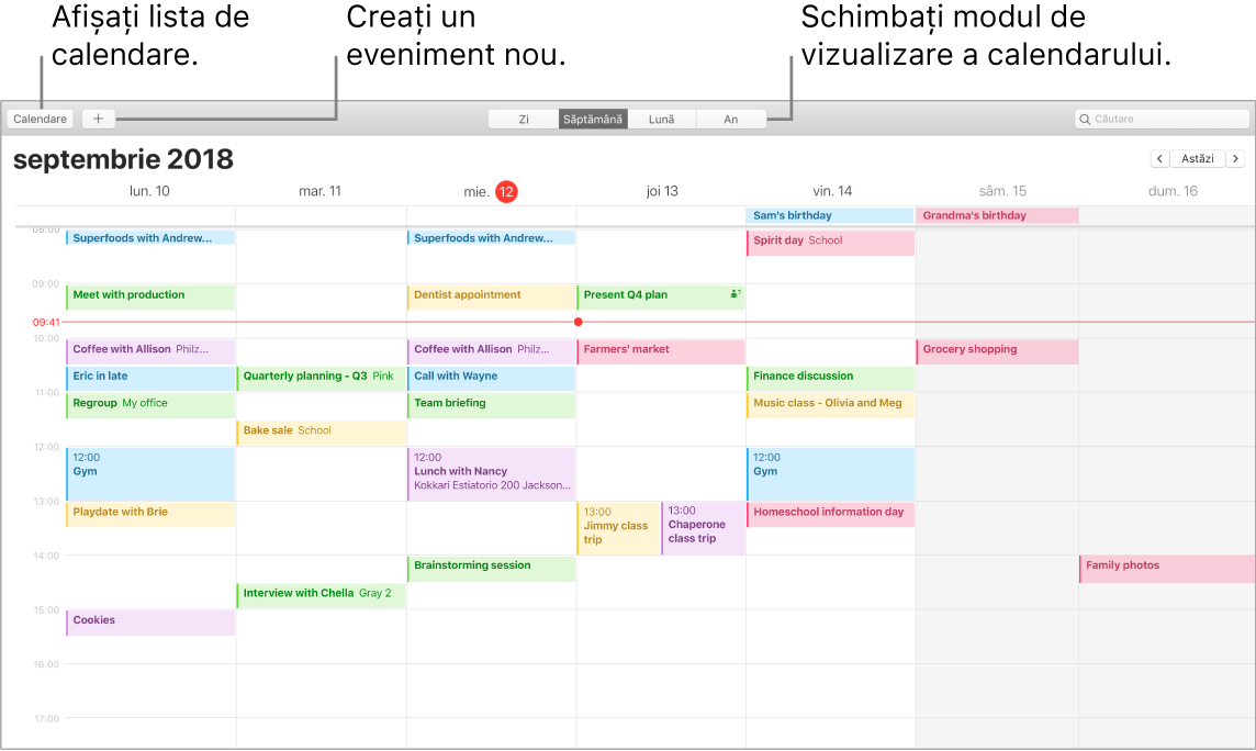 Fereastră Calendar care afișează cum să creați un eveniment, să afișați lista calendarelor și să alegeți vizualizarea Zi, Săptămână, Lună sau An.