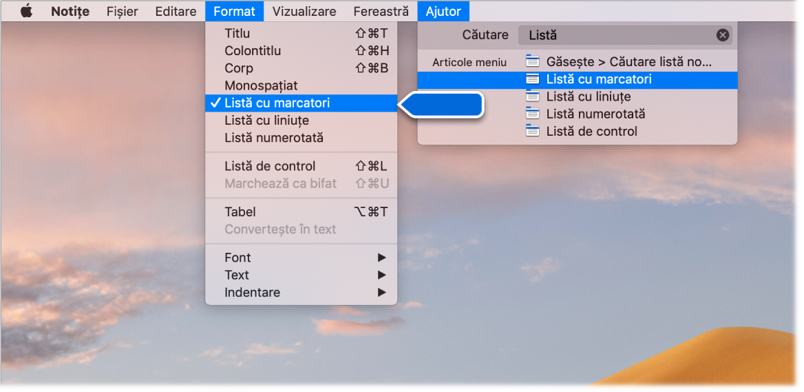 Meniul Ajutor afișând o căutare pentru “listă”, având comanda Listă cu marcatori evidențiată în lista de rezultate și în meniul Format.