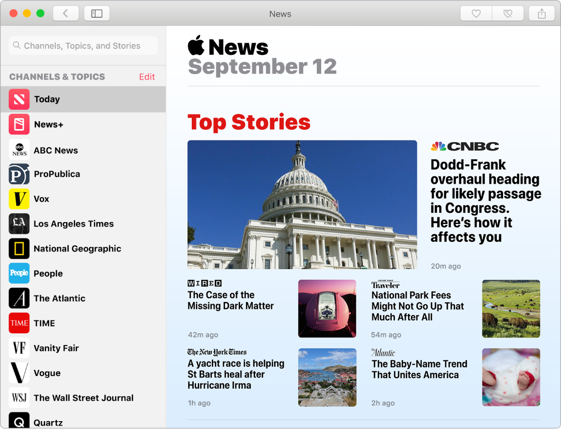 Tabloul de bord News, afișând lista de urmărire și vizualizarea Top Stories (Top articole).