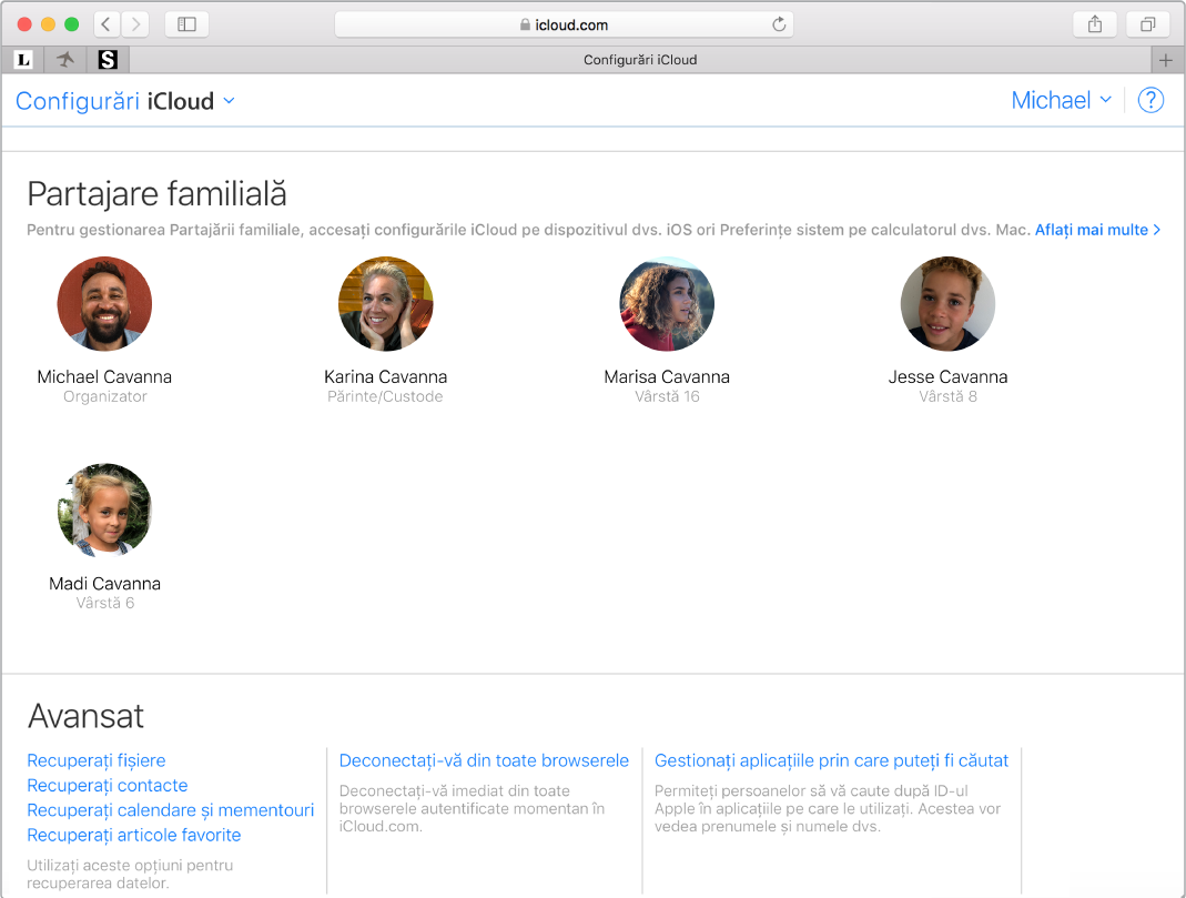 Fereastră Safari afișând configurările pentru Partajare familială pe iCloud.com.