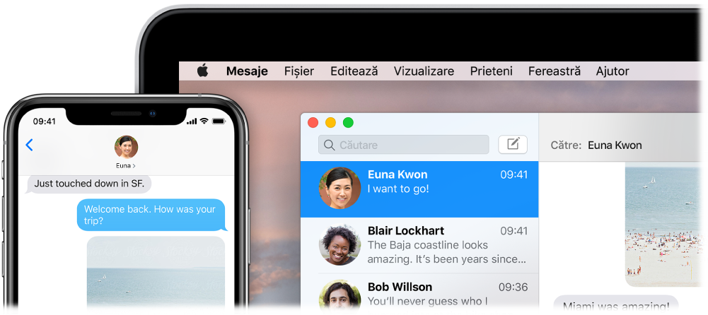 Aplicația Mesaje deschisă pe un Mac, afișând aceeași conversație în Mesaje pe un iPhone.