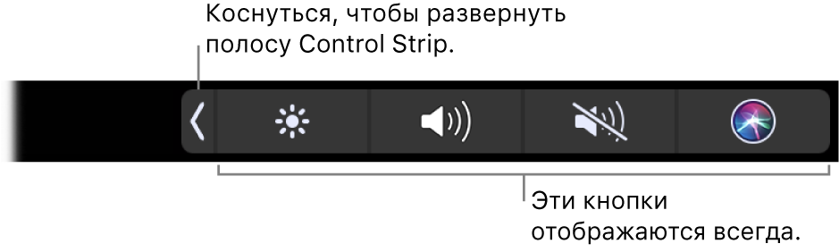 Фрагмент стандартной панели Touch Bar. Показана свернутая полоса Control Strip. Коснитесь кнопки развертывания, чтобы отобразить всю полосу Control Strip целиком.