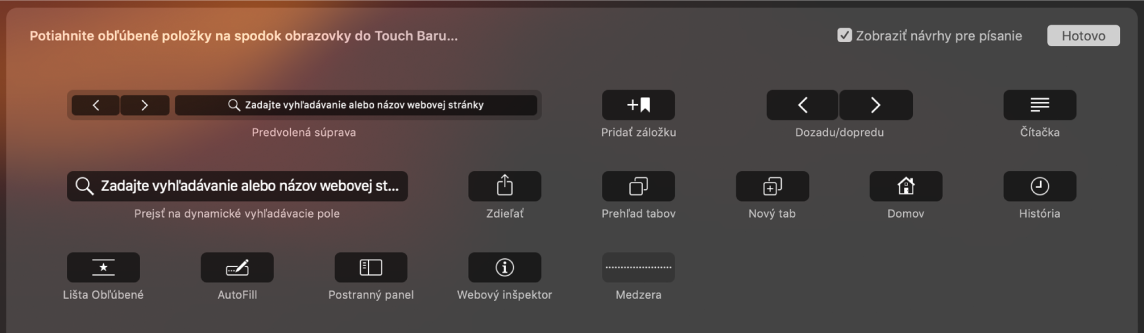 Možnosti prispôsobenia Safari, ktoré môžete potiahnuť na Touch Bar.