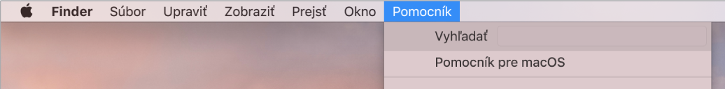 Časť plochy s otvoreným menu Pomocník, v ktorom sú zobrazené možnosti Vyhľadať a Pomocník pre macOS.