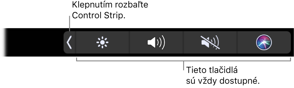 Časť obrazovky predvoleného Touch Baru so zobrazením zbaleného Control Stripu. Klepnutím na tlačidlo rozbalenia zobrazíte celý Control Strip.