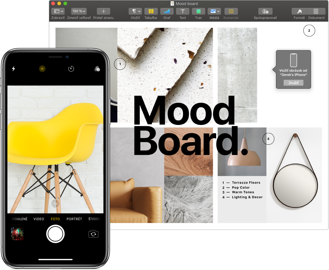 Dokument aplikácie Pages zobrazujúci výzvu, kde sa zobrazí obrázok, a iPhone zobrazujúci fotku žltej stoličky.