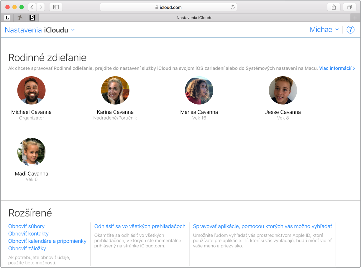 Okno Safari zobrazujúce nastavenia Rodinného zdieľania na stránke iCloud.com.