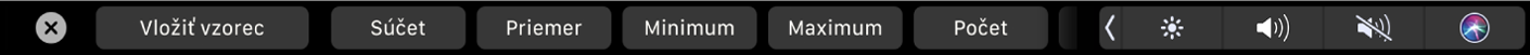 Touch Bar pre Numbers so zobrazenými tlačidlami na zadávanie vzorcov. Medzi tieto tlačidlá patria súčet, priemer, minimum, maximum a počet.