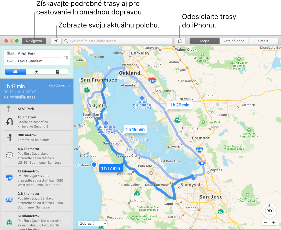 Okno aplikácie Mapy s postupom, ako získať trasu kliknutím na tlačidlo Navigovať vľavo hore a ako poslať podrobnú navigáciu na iPhone pomocou tlačidla Zdieľať.