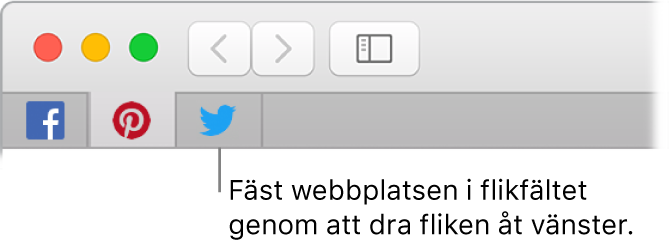 Safari-fönster som visar hur du fäster en flik i flikfältet.