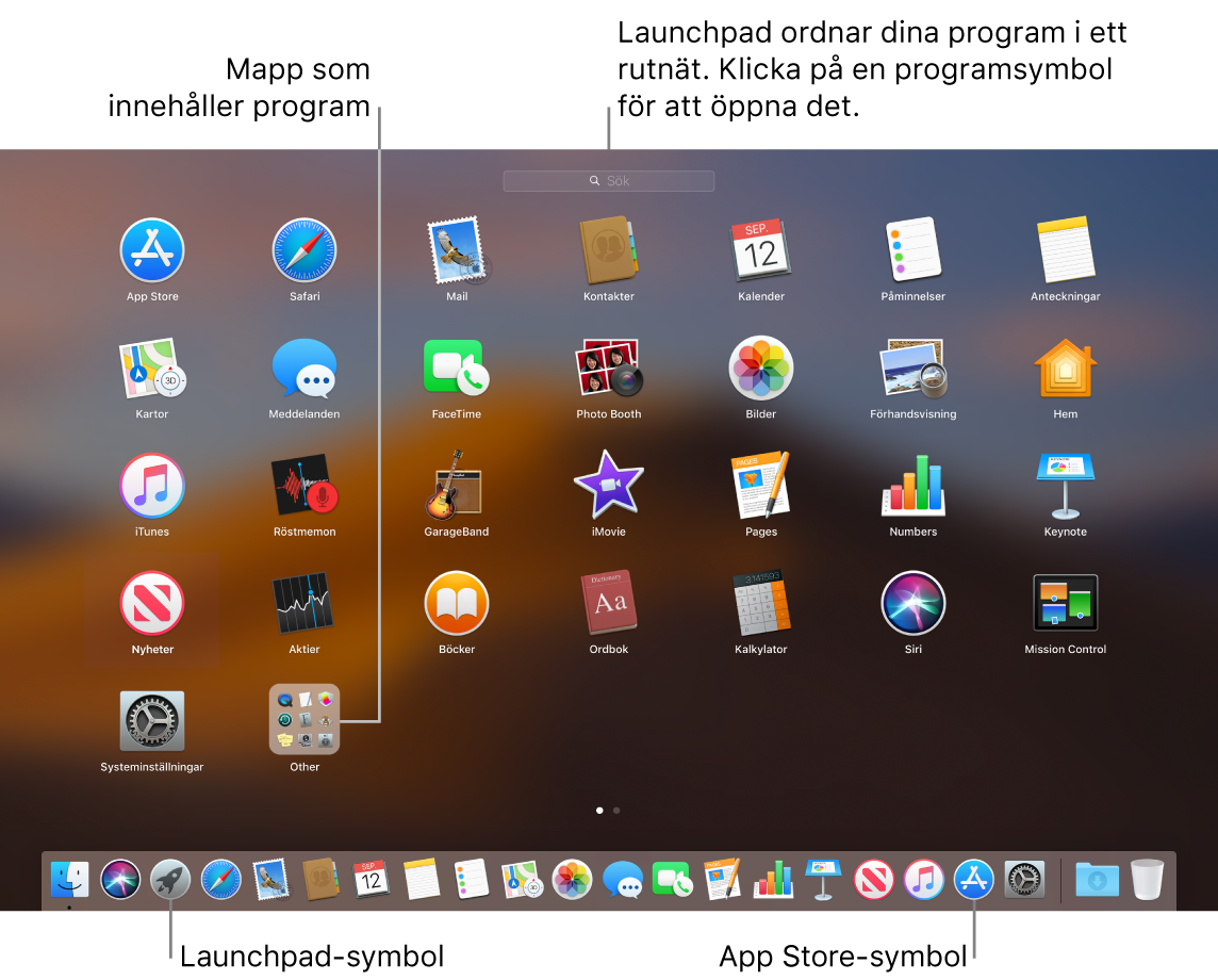 Mac-skärmen med Launchpad öppet som visar en mapp med program i Launchpad och symbolerna för Launchpad och Mac App Store i Dock.