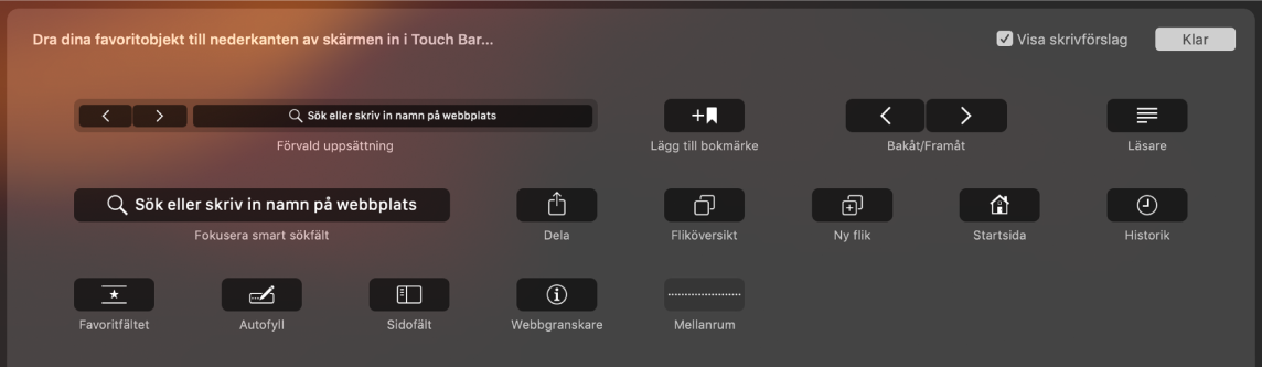 Alternativen för att anpassa Safari som kan dras till Touch Bar.