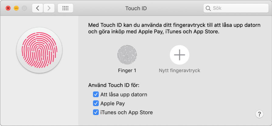 Inställningsfönstret för Touch ID med alternativ för att lägga till ett fingeravtryck och använda Touch ID till att låsa upp datorn, använda Apple Pay och handla från iTunes Store, App Store och Apple Books.