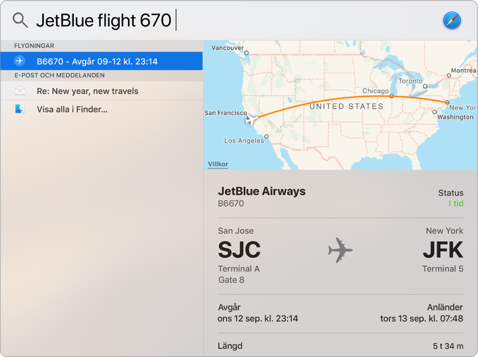 Spotlight-fönstret som visar en karta och flyginformation för flyget som du sökte efter.