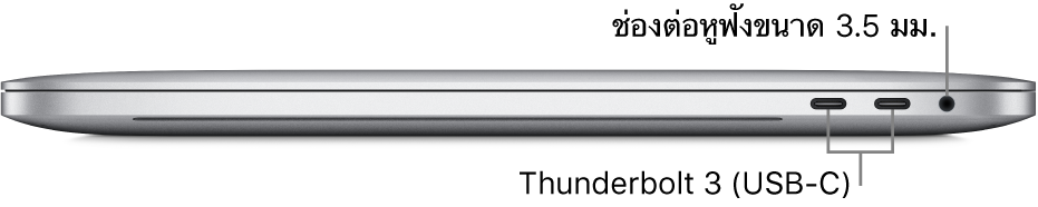 ภาพด้านซ้ายของ MacBook Pro ซึ่งมีคำอธิบายไปที่พอร์ต Thunderbolt 3 (USB-C) สองพอร์ต และช่องต่อหูฟังขนาด 3.5 มม.