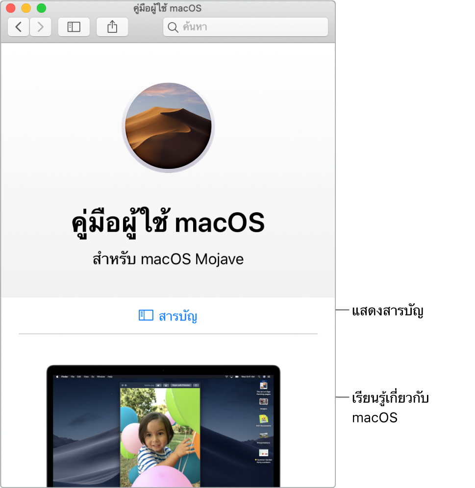 หน้าต้อนรับของคู่มือผู้ใช้ macOS ที่แสดงลิงก์สารบัญ