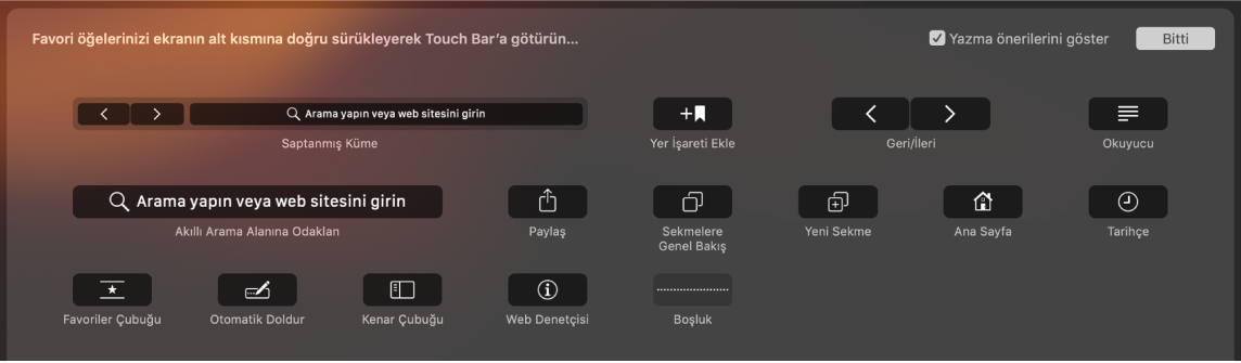 Touch Bar’a sürüklenebilecek Safari’yi Özelleştir seçenekleri.