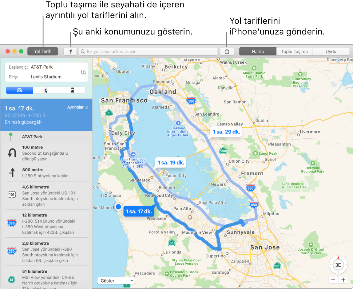 Sol üstteki Yol Tarifleri’ni tıklayarak yol tarifi almayı ve Paylaş düğmesini kullanarak yol tariflerini iPhone’a göndermeyi gösteren Haritalar penceresi.