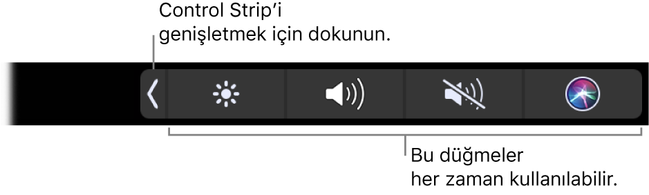 Saptanmış Touch Bar’ın daraltılmış Control Strip’i gösteren kısmi ekranı. Control Strip’in tamamını göstermek için genişlet düğmesine dokunun.
