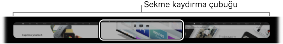 Safari Touch Bar’daki sekme kaydırma çubuğu. Her açık sekmenin kısa bir önizlemesini gösterir.