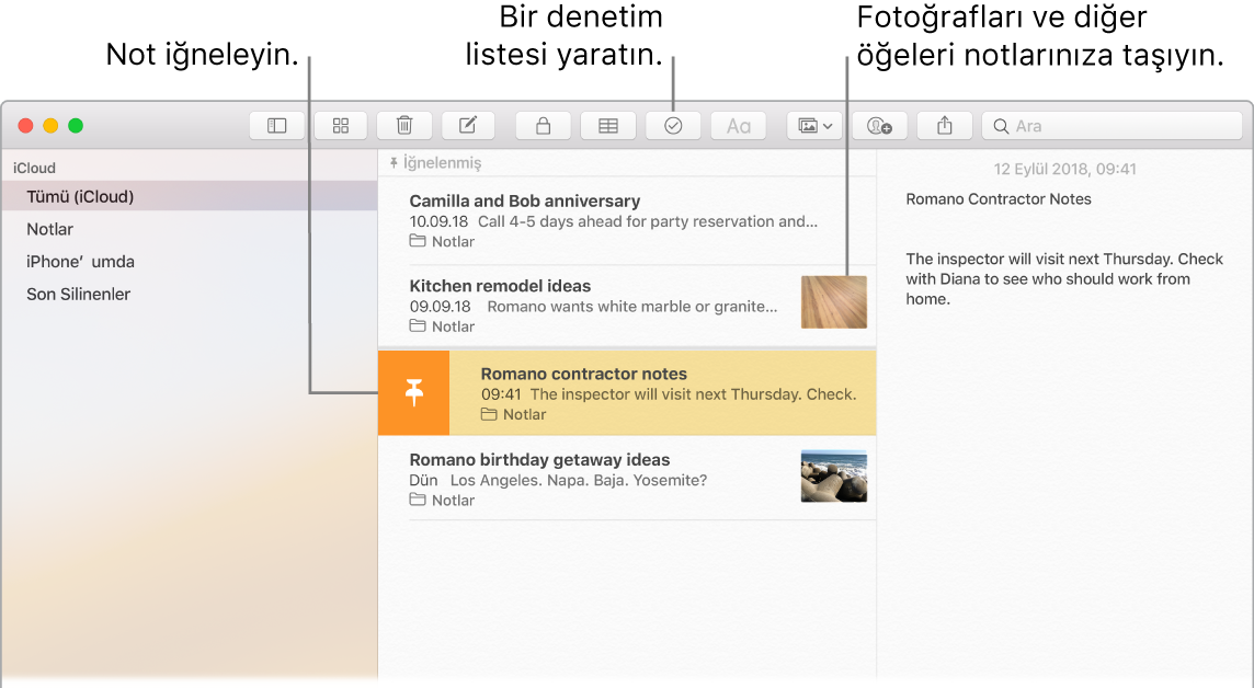 Yapılacaklar listesi düğmesini ve nota bir fotoğrafın nasıl sürükleneceğini gösteren Notlar penceresi.