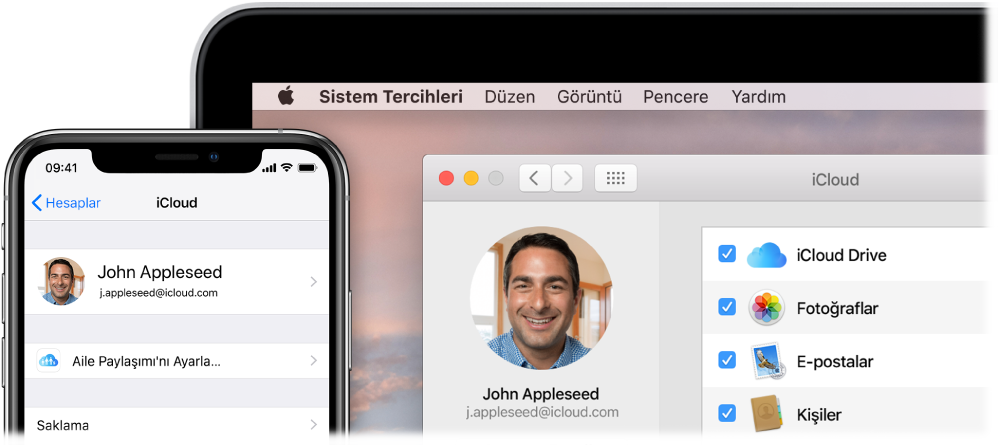 iCloud ayarlarını gösteren bir iPhone ile iCloud penceresini gösteren bir Mac ekranı.