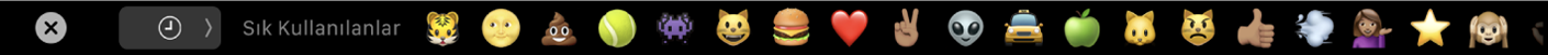 Sık kullanılan Emoji seçeneklerini ve farklı Emoji kategorilerini seçme düğmelerini gösteren Mesajlar Touch Bar’ı.