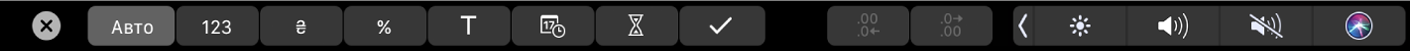 Смуга Touch Bar для програми Numbers із кнопками меню «Формат». Це, зокрема, валюта, процент, числа, текст, дата, тривалість і контрольний список.