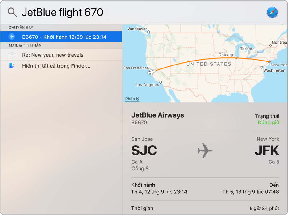 Cửa sổ Spotlight đang hiển thị một bản đồ và thông tin chuyến bay cho chuyến bay mà bạn tìm kiếm.