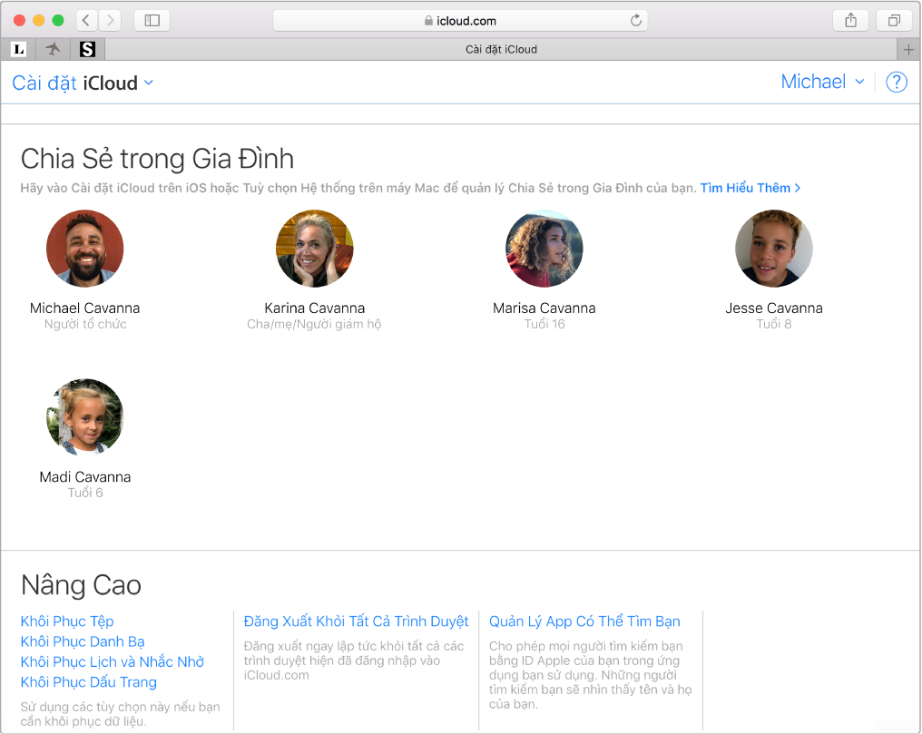 Cửa sổ Safari đang hiển thị cài đặt Chia sẻ trong gia đình trên iCloud.com.
