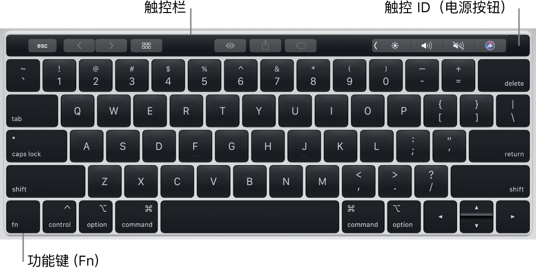 MacBook Pro 键盘，显示触控栏、触控 ID（电源按钮）以及左下角的 Fn 功能键。