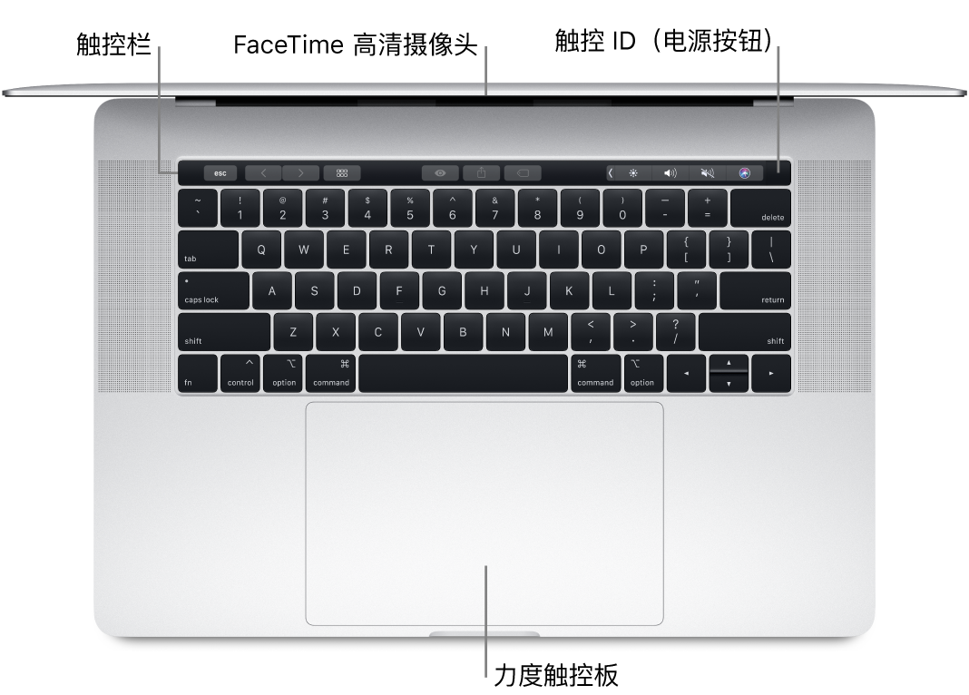 已开机的 MacBook Pro 俯视图，标注有触控栏、FaceTime 高清摄像头、触控 ID（电源按钮）和力度触控板。