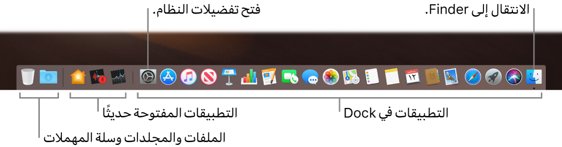 الـ Dock تعرض تطبيق Finder، وتفضيلات النظام، والخط الذي يفصل بين التطبيقات وبين الملفات والمجلدات في الـ Dock.