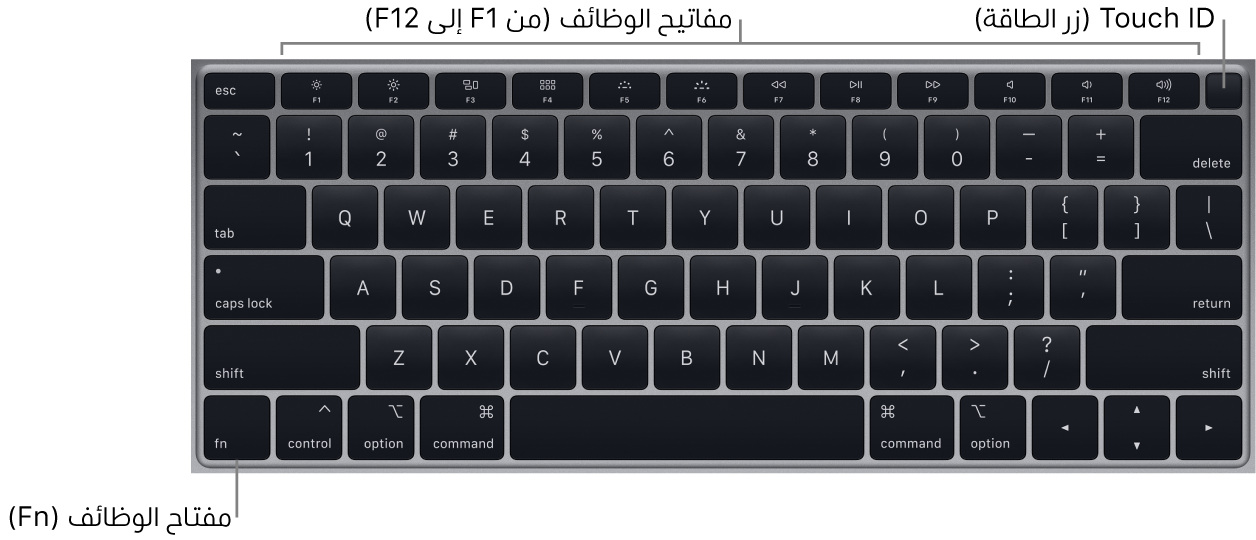 لوحة مفاتيح MacBook Air يظهر بها صف مفاتيح الوظائف ومفتاح الطاقة Touch ID على امتداد الجزء العلوي، ومفتاح الوظائف (Fn) في الزاوية السفلية اليسرى منها.
