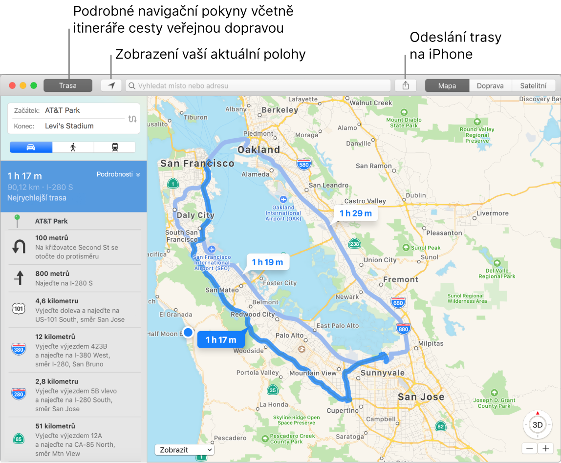 Okno Mapy s popisky postupu při zjištění trasy kliknutím na tlačítko Trasa vlevo nahoře a při jejím následném odeslání do iPhonu tlačítkem Sdílet