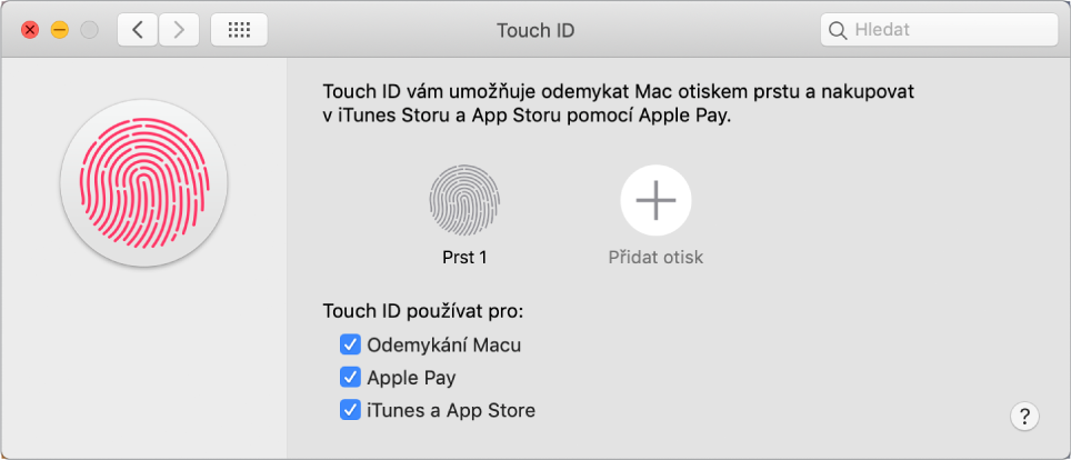 Okno předvoleb Touch ID s volbami pro přidání otisku prstu a použití Touch ID k odemykání Macu, placení pomocí Apple Pay a nakupování v iTunes Storu, App Storu a Apple Books