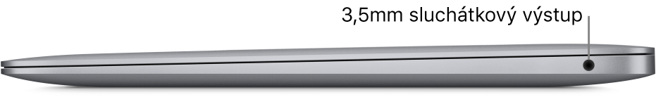 Pohled zprava na MacBook Pro s popisky dvou portů Thunderbolt 3 (USB‑C) a 3,5mm sluchátkové zdířky