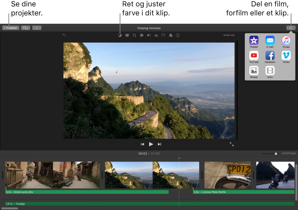 iMovie-vindue, der viser knapper til at få vist projekter, korrigere og justere farver og dele din film, din forfilm eller dit filmklip.