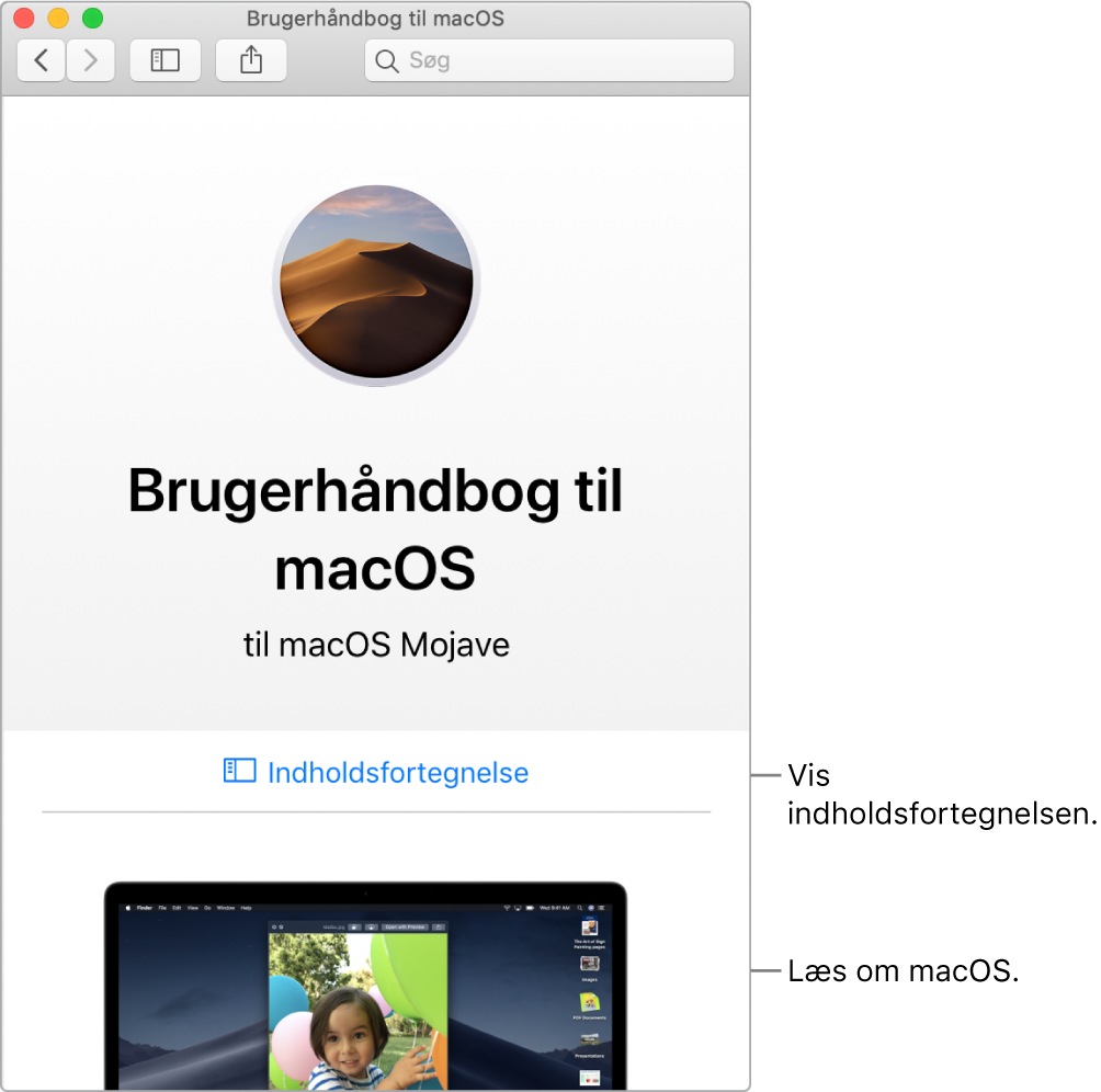Velkomstside i Brugerhåndbog til macOS, der viser linket Indholdsfortegnelse.