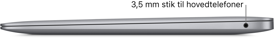 Højre side af en MacBook Pro med billedforklaringer til de to Thunderbolt 3-porte (USB-C) og 3,5 mm stikket til hovedtelefoner.
