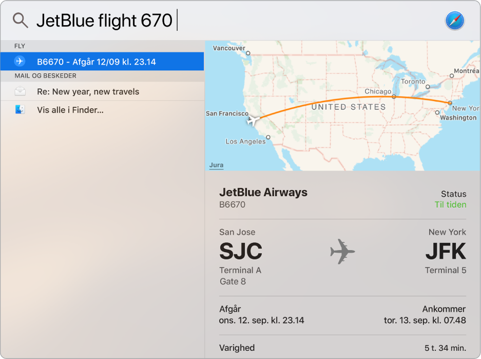 Spotlight-vinduet viser et kort og oplysninger om det fly, du søgte efter.