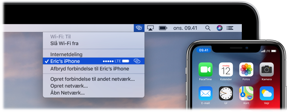 Mac-skærmen hvor Wi-Fi-menuen viser Internetdeling til en iPhone.