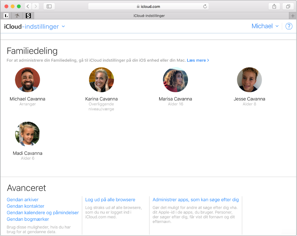 Safari-vindue viser indstillinger til Familiedeling på iCloud.com.