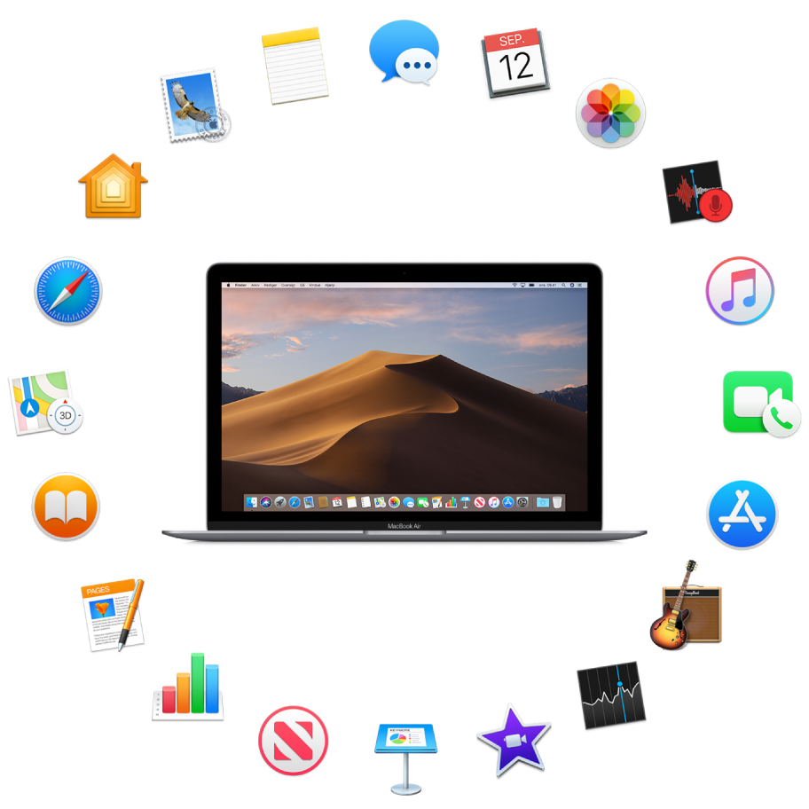 En MacBook Air omgivet af symboler for de indbyggede programmer, der beskrives i de følgende afsnit.