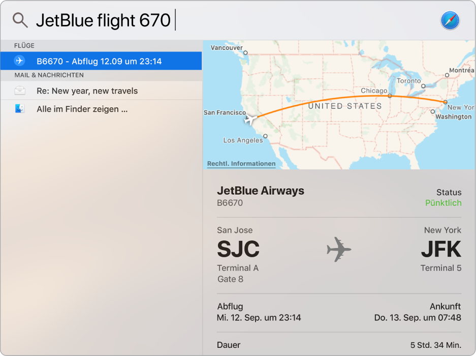 Das Fenster „Spotlight“ zeigt eine Karte und die Fluginformationen für den gesuchten Flug an.
