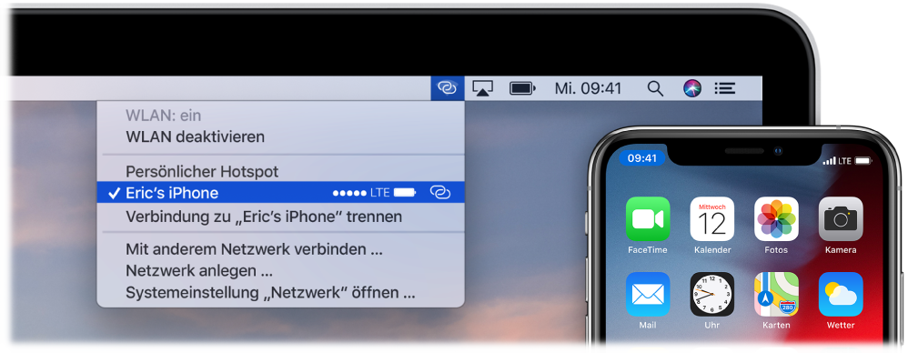 Der Mac-Bildschirm mit dem WLAN-Menü, in dem ein mit dem iPhone verbundener persönlicher Hotspot zu sehen ist