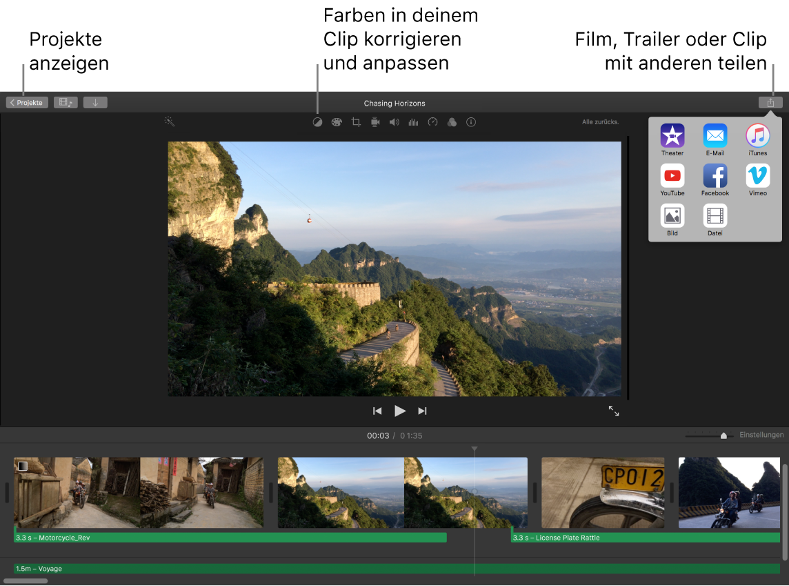 iMovie-Fenster mit Tasten zum Anzeigen von Projekten, Korrigieren oder Anpassen von Farben und Teilen deines Films, Trailers oder Filmclips.